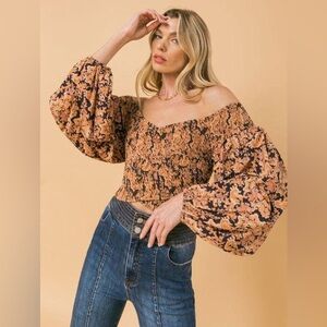 Flying Tomato Criss Cross Floral Off-Shoulder Cropped Smocked Blouson Top